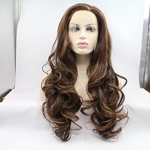 Eastmermaid Drag Queens 24 inch Natural Brown 8/27 Heat Resistant Wavy Synthetic Lace Front Wig with Free Wig Cap