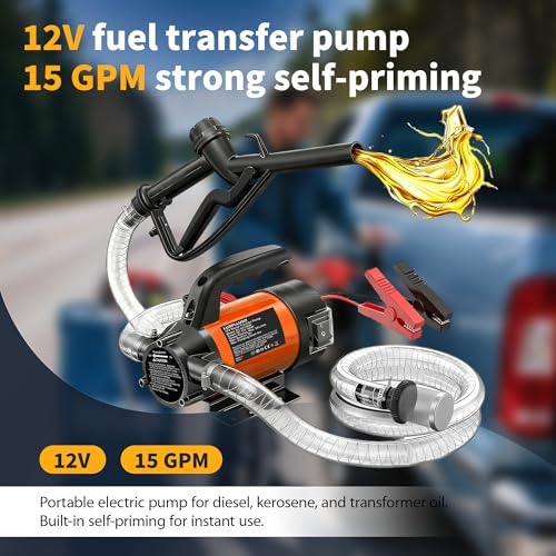 LUXPLLUSO Fuel Pumps 12 V Electric Barrel Pump & Water Pump 12 V Self-priming 15 GPM for Diesel, Oil & Water Includes Hose for Canister & Barrel