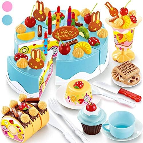 Diyカットバースデーケーキ食品玩具セット75pcs幼児教育シミュレーション玩具 ホリデーギフト Blue Cdc
