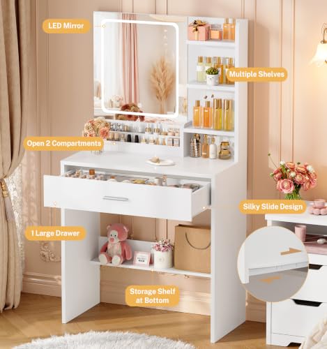 TEENFON Vanity Desk with Mirror and LED Lights, Small Vanity with 2 Open Compartments & 4 Shelves, Dressing Table with Large Drawer for Bedroom, White