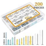 VIGRUE Plastic Drywall Anchors Self Tapping Screws and Ribbed Anchors Assortment Kit 200 Piece (Type B)