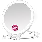 FASCINATE Travel 30X/1X Magnifying Mirror with Light Double Sided Mirror | Rechargeable Lighted Makeup Mirror with 3 Color Setting &amp; Stepless Dimming, Adjustable LED Vanity Mirror