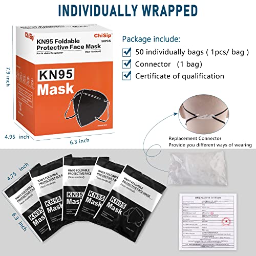 ChiSip Kn95 Face Masks 50 pack, Individually Wrapped Cup Dust Safety