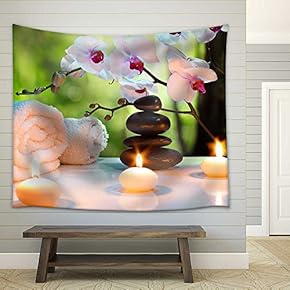 Massage Composition Spa with Candles, Orchids, Stones in Garden - Fabric Wall Tapestry Home Decor - 51x60 inches