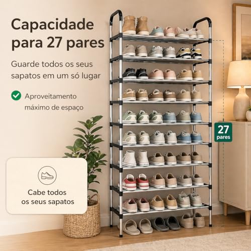 Sapateira Vertical em Alumínio, Preta | 9 Prateleiras, Para 27 Pares