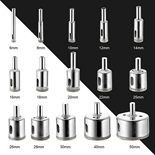 Diamond Drill Bit,15 PCS Tile Hole Saws Hollow Core Extractor Remover Tools Drillpro for Glass, Porcelain, Ceramic, Granite etc (6-50mm)