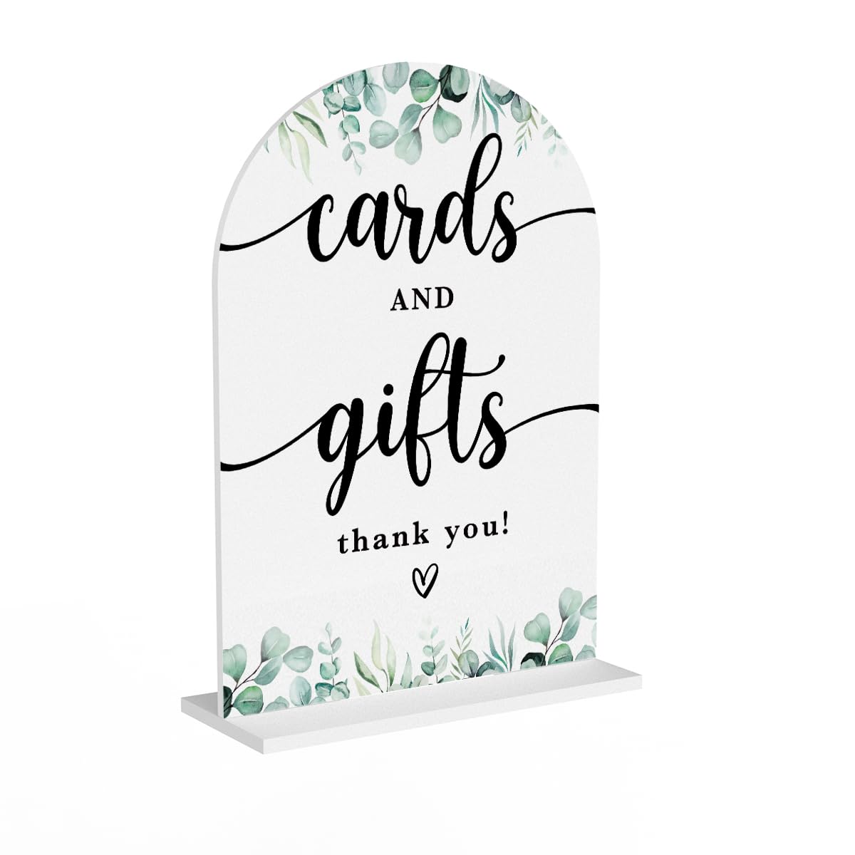 Photo 1 of Acrylic Wedding Sign Cards and Gifts Signs Ceremony Modern Calligraphy Arch Acrylic Table Top Signs for Wedding Reception and Event Party Table Decor (White Eucalyptus Leaves)