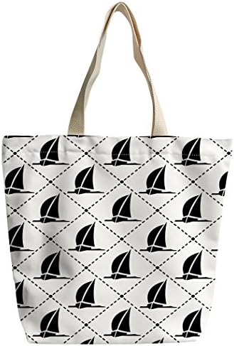 SXCHEN Custom Zipper Canvas Bags Shoulder Bag Handbag Black Sailboat Mini Pattern