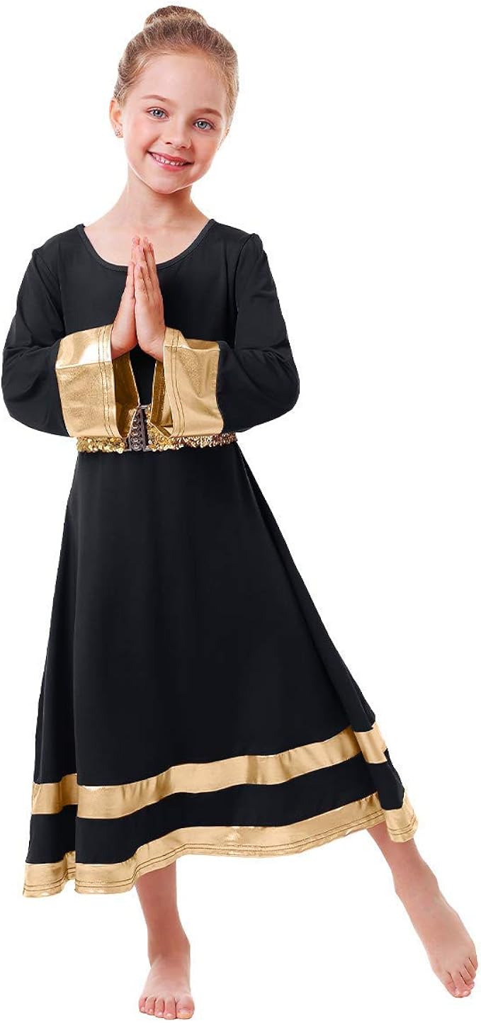 Ibakom Girls Metallic Gold Robe Worship Praise Dance Dress Long Sleeve Loose Full Length Liturgical Dancewear Sequins Belt