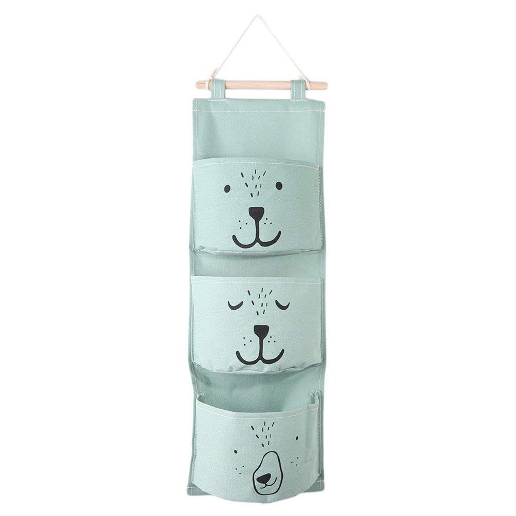 Voarge Hanging Bag Storage Bag Storage Bag Organiser for Hanging with 3 Pockets Nursery Living Room Bear (Mint Green)