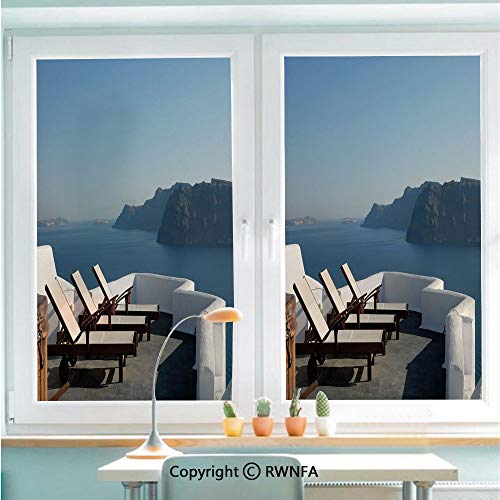 Removable Static Decorative Privacy Window Films Sunlounger at Terrace in Santorini Greece Resort Relaxation Aegean for Glass (22.8In. by 35.4In),Light Blue White Brown