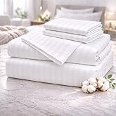 CASA ESENCIA 100% Egyptian Cotton Sheets King Size – High Thread Count Luxury Hotel Sateen Weave Sheet Set, Soft & Breathable, 17” Deep Pocket, 4-Piece White Striped Bedding, All-Season Comfort
