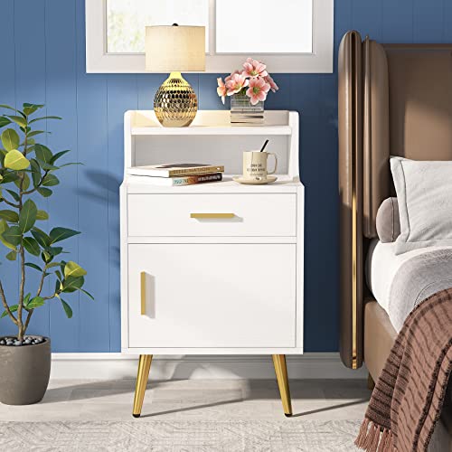 Tribesigns Modern Gold Nightstand, White Nightstand with Drawer, 32