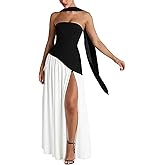 Women Strapless Corset Asymmetrical High Split Flowy Maxi Dresses Evening Gown Wedding Guest Dress with Scarf