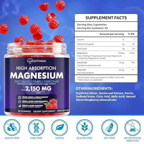 JUYIHEAL 2150MG Magnesium Glycinate Gummies, 90 Count High Absorption Magnesium Complex Gummies with Magnesium Glycinate, Citrate, L-Threonate for Adults & Kids, Sugar Free, Vegan, Raspberry Flavor