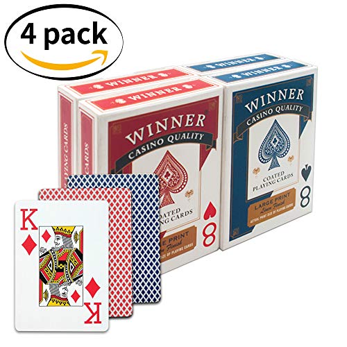 Winner 4 Deck Wide-Size Jumbo Index Casino Quality Black Core Linen Finish Coated Poker Playing Cards,Set of 4 decks (2 blue, 2 red) - Thumbnail 5