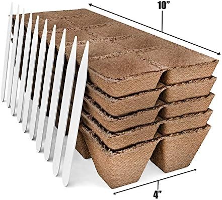 Seed Starter Peat Pots Kit | Germination Seedling Trays are Biodegradable and Organic | 10 Plastic Plant Markers Included | 5 Pack - 50 Cells (Limited Edition)