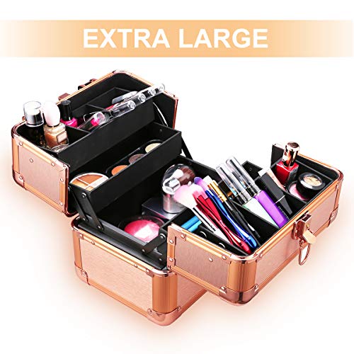 Ovonni Professional Portable Small Makeup Train Case, Artist Lockable Aluminum Cosmetic Organizer Storage Box with Compartments (Rosegold 1)