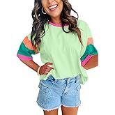 Chvity Womens Colorblock T-Shirt Crewneck Short Sleeve Pullover Spring Summer Casual Patchwork Tops Tees