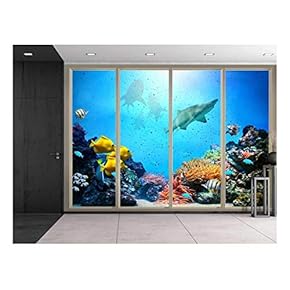 Wall26 - Large Wall Mural - Under The Deep Ocean Seen Through Sliding Glass Doors | 3D Visual Effect Self-Adhesive Vinyl Wallpaper/Removable Modern Decorating Wall Art - 100"x144"