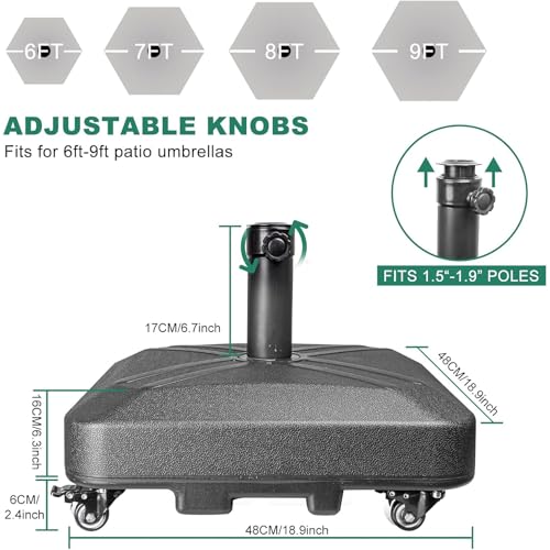 Umbrella Base with Wheels, Market Umbrella Stand for Outdoor Patio Deck Poolside Garden, 35kg Capacity, 48 * 48 * 39Cm Black