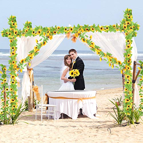 Johouse 4 PCS 7.4FT Artificial Sunflower Garland Silk Sunflower Vine Artificial Flowers with Green Leaves Wedding Table Decor