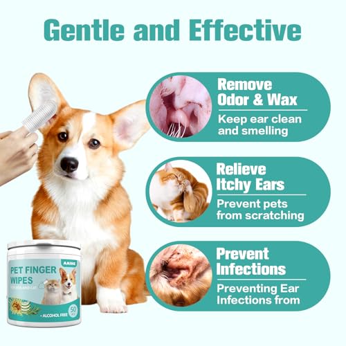 AAIHE DOG EAR FINGER WIPES,GENTLY REMOVE EAR WAX & DIRT,RELIEVE EAR ITCHING. ALL NATURAL INGREDIENTS DOG EAR WIPES.SAFE & GENTLE EAR WIPES FOR DOG & CAT – 50 COUNT