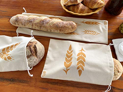 Linen Bread Bags for Artisan Homemade Bread - Reusable Food Storage - Baguette, Sandwich, and Boule Loaf Size Drawstring Bread Bag - Set of 3