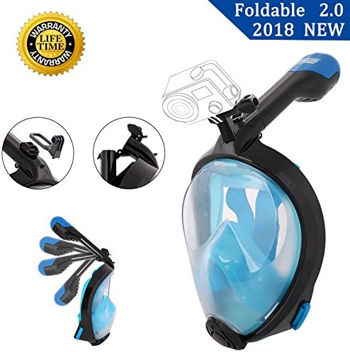Full Face Snorkel Mask 2.0 Foldable Full Face Snorkeling Diving Scuba Mask with Detachable GoPro Mount, 180°Panoramic Easy Breath Anti-fog Anti-leak for Adults Youth (Larger/Extra Larger, Blue)