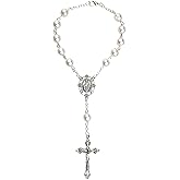 Needzo Auto Rosary with Our Lady of Grace Pendant, Cream Glass Pearl Mirror Hanging Car Accessory, Gift Boxed, 7.5 Inches