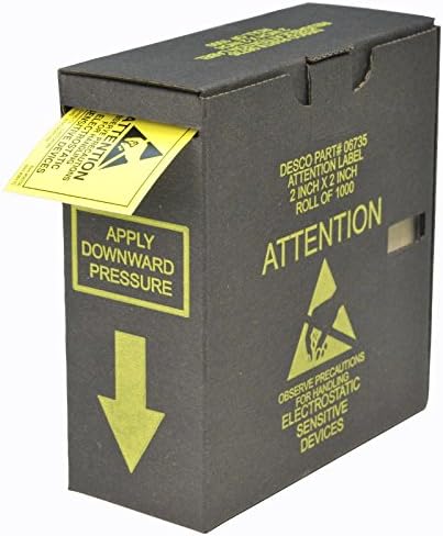 DESCO-ASK-29679 06735 ESD Attention Label with Dispenser Box, 2" Width x 2" Height, 1000 per Roll