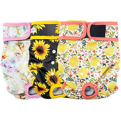 Leekalos Reusable Washable Dog Diapers Female (3 Pack) - Highly Absorbent Doggie Diapers - Size Adjustable Puppy Diapers for Dog Period Panties (Small, Sunflower)