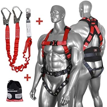 DCM SH-22015 Fall Protection Comfort Construction Safety Harness Kit with Double Hook Shock Absorbing Lanyard, Full Body Harnesses with Quick Connect Chest Buckle for Working Roofing Climbing