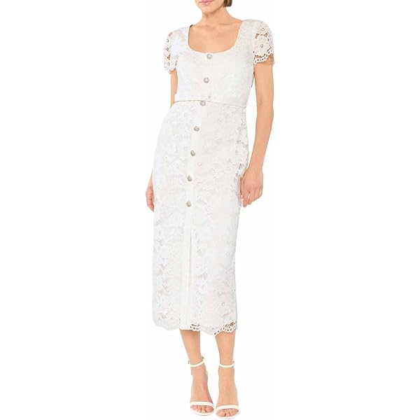 Self Portrait Women's White Cotton Lace Button Midi Dress, White, 4 at  Amazon Women's Clothing store