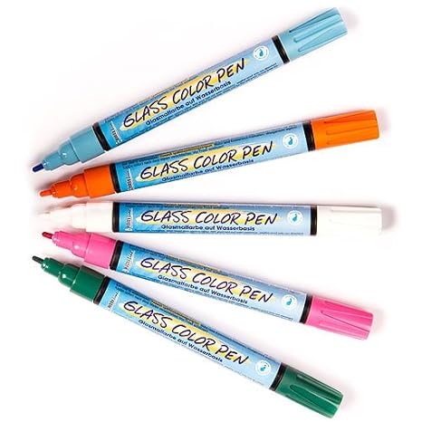 Baker Ross Bunte Glas-Malstifte - Set A (rosa - orange - dunkelgrün - weiß - hellblau) - für Kinder - Hobby Line 42640 - 5 St