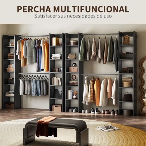 Simple Wisdom Perchero para Ropa, Armario armable para Ropa,Armario para Ropa con Dos Filas de Compartimentos de Almacenamiento,155 x 30 x 181 cm (Negro)