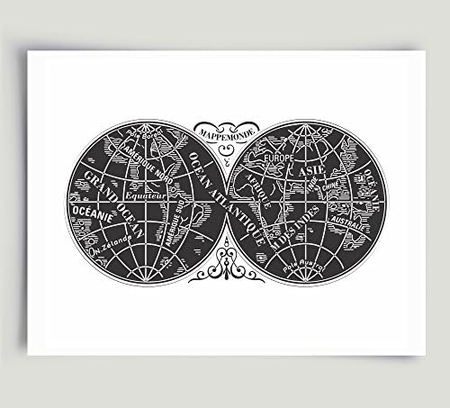 French Mappe Monde Old World Map Art Black and White Unframed Paper Print