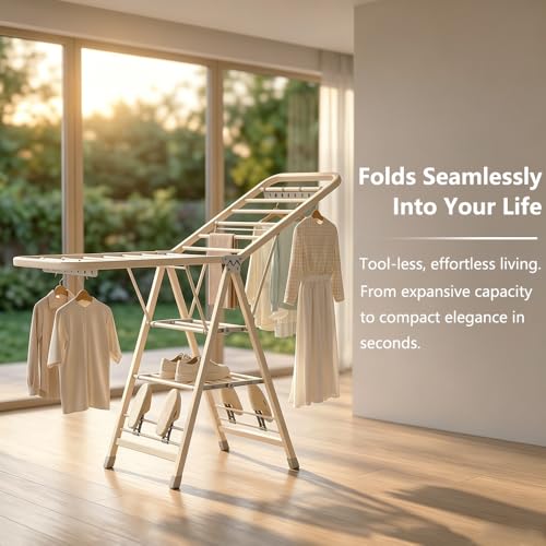 Velvaria Lndoor Foldable Clothes Drying Rack, Adjustable Wings Space Saving Carbon Steel drying rack for bedsheets clothes quilts shoes (White, 180 * 47 * 91cm)