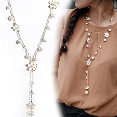 QTMY Women Y Necklace Elegant Pearl Flower Fringe Tassel Long Chain Pendant Necklace 2017 Fashion Jewelry (White)