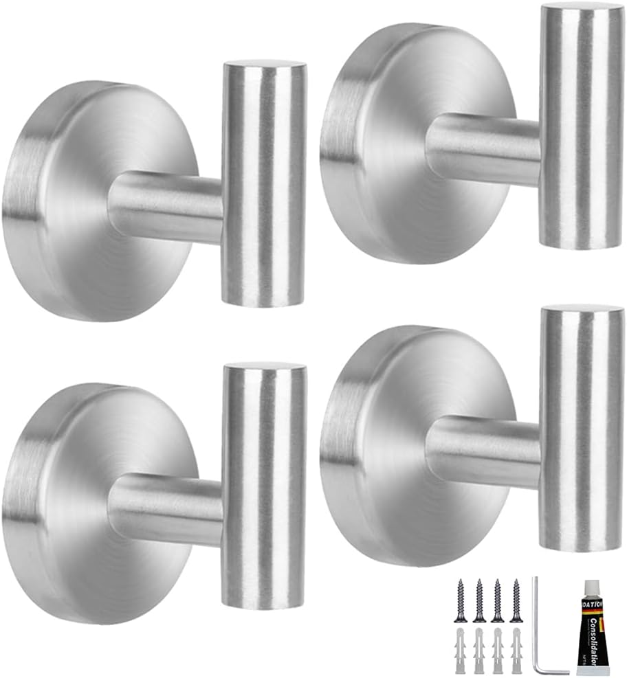 Bathroom Towel Hooks, 4 Pack Coat Hook Round Wall Hooks for Cabinet Closet Door, Heavy Duty Robe Hook, Two Ways to Install (Drill and Adhesive) for Bath Bedroom Kitchen Garage Hotel: Home & Kitchen