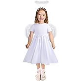 Haysandy 3 Pcs Christmas Angel Costumes for Kids Girls Set Fairy Dress Angel Feather Wings Headband for Xmas Dress up Cosplay