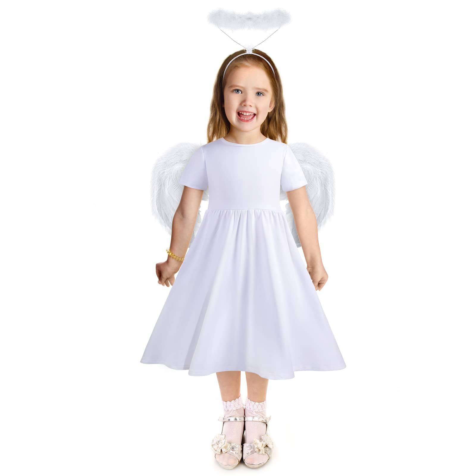 Photo 1 of ****Some stains***** Haysandy 3 Pcs Angel Costumes for Kids Girls Set Fairy Dress Angel Feather Wings and Headband for Halloween Dress up Cosplay (4-6 Years)