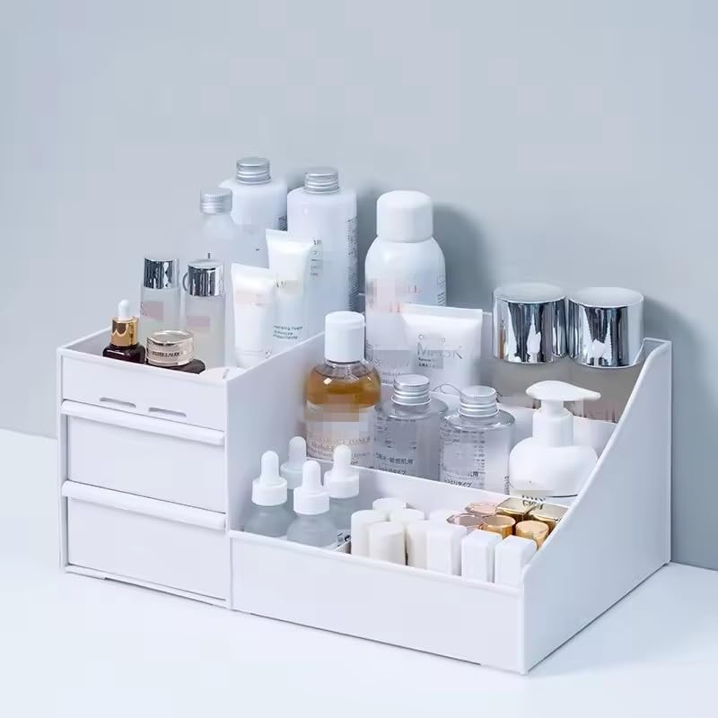 Vocole Makeup Organiser, Offices Desktop Multi-function Organizer, Cosmetic Storage Box with Drawers, for Dresser, Bedroom, Bathroom, White 28.5x17.5x12.5cm