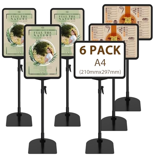 Newzealkids 6 Pack A4 Adjustable Sign Stand, Reusable Business Menu Advertising Sign Holder, Display Stand for Vertical and Horizontal View, Black