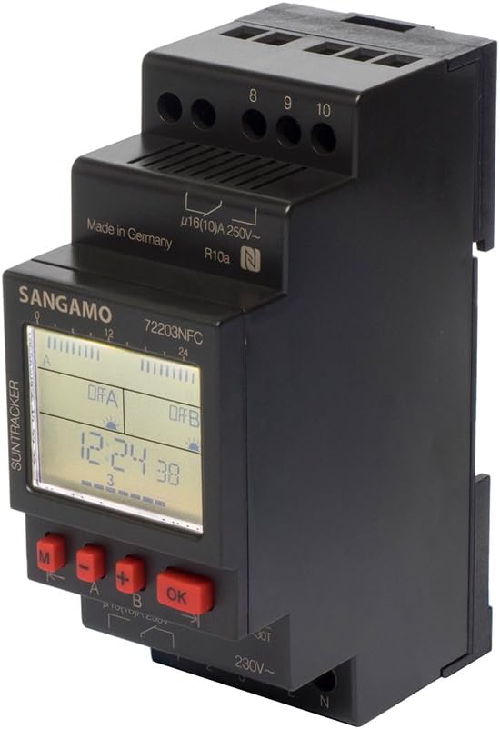 Sangamo 72203NFC Contactless Astro/Solar 2 Module/2 Channel/7 Day Digital DIN Rail Time Switch, 3680 W, 230 V, Black/Red