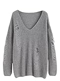MakeMeChic Women's V-Neck Ripped Long Sleeve Knit Loose Pullover Sweater Grey M