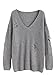 MakeMeChic Women's V-Neck Ripped Long Sleeve Knit Loose Pullover Sweater Grey M