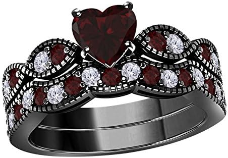 1.50 Ct 14k Black Gold Plated Heart Shaped Antique Vintage Style Red Garnet and Cubic Zirconia Milgrain Weave Engagement Wedding Ring Set