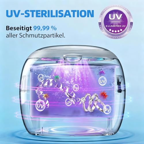 Pulitore ultrasuoni, 45000Hz con 6 luci UV, ultrasonic cleaner ricaricabile con 4 modalità. Per retenitori, protesi, brackets, allineatori, impianti e gioielli in argento