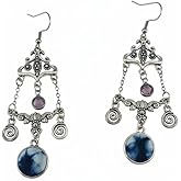 RWXXYHM Vintage Palace Style Dangle Earrings, Antique Silver, Metal with Blue Tie-Dye Fabric Medallions, Spiral Charms, Handmade